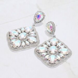 Oval Marquise Stone Cluster Accented Rhinestone Rhombus Dangle Evening Earrings
